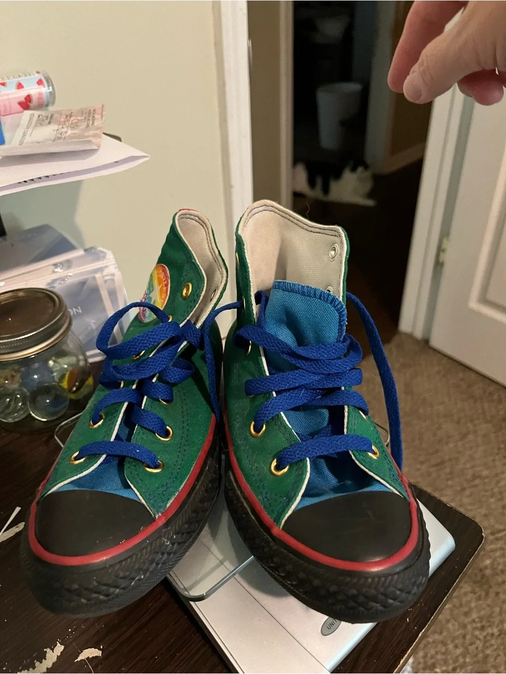 Converse Kids Green High-Top Sneakers with Rainbow Patch and Blue Laces